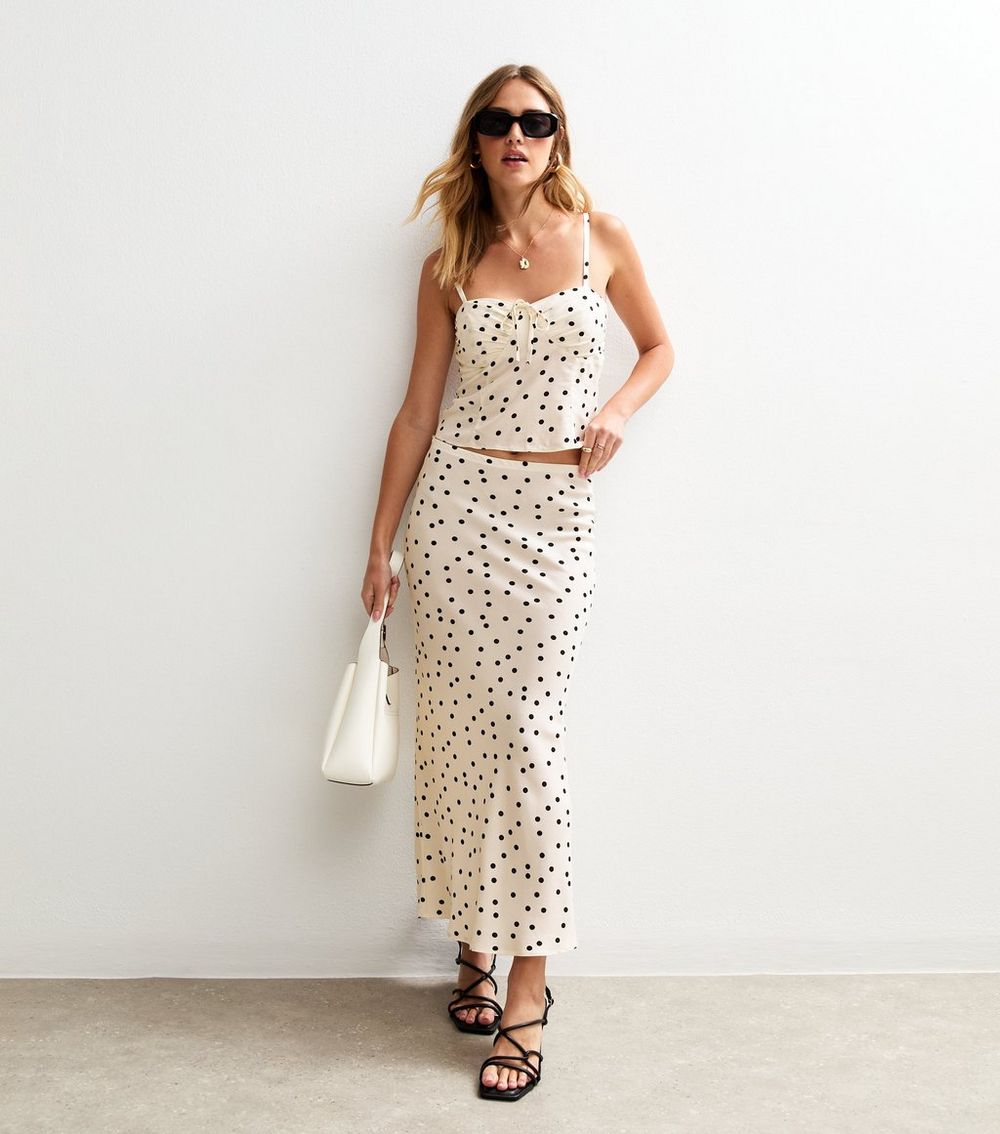 Cream Spot Print Bias Cut Midi Skirt