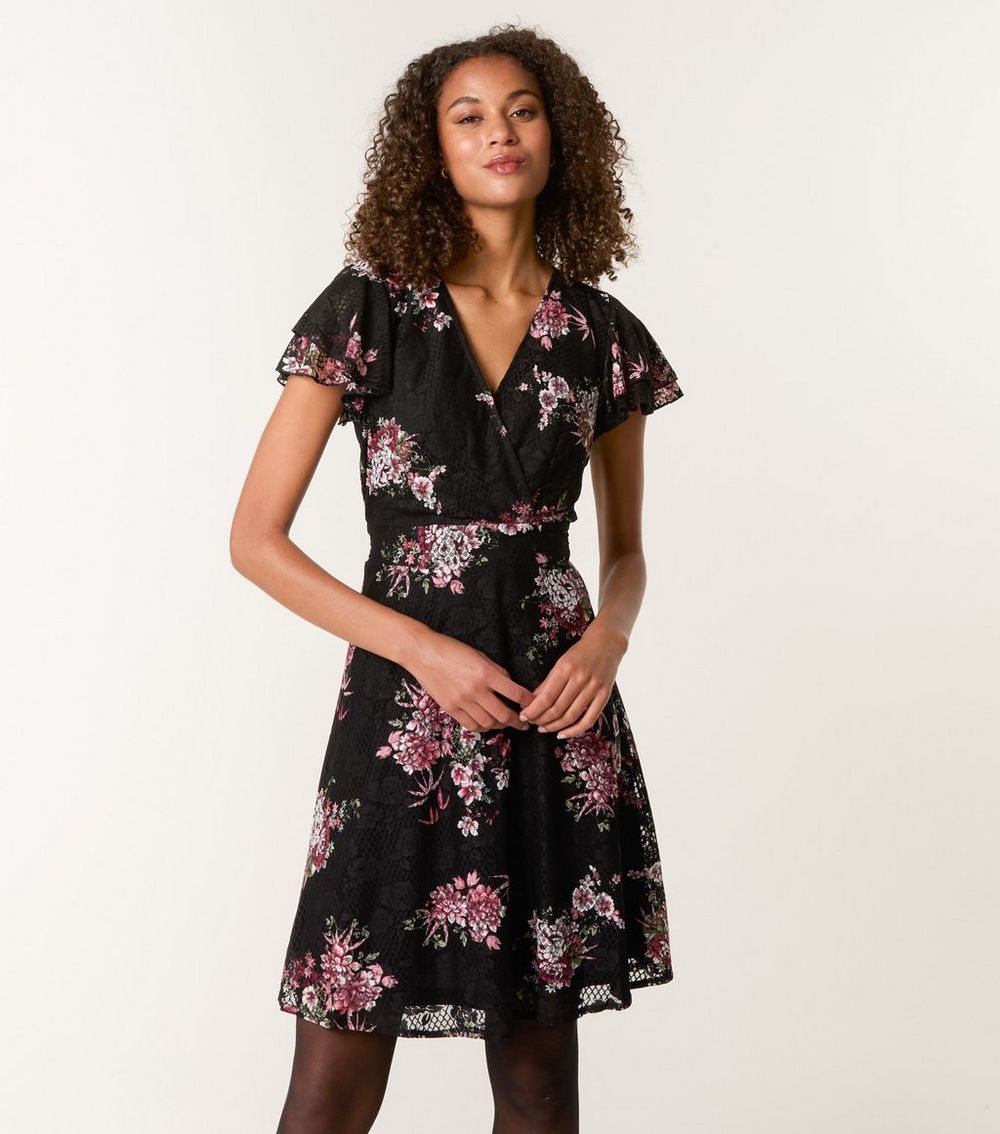 Blue Vanilla Black Floral Mesh Wrap Style Mini Dress