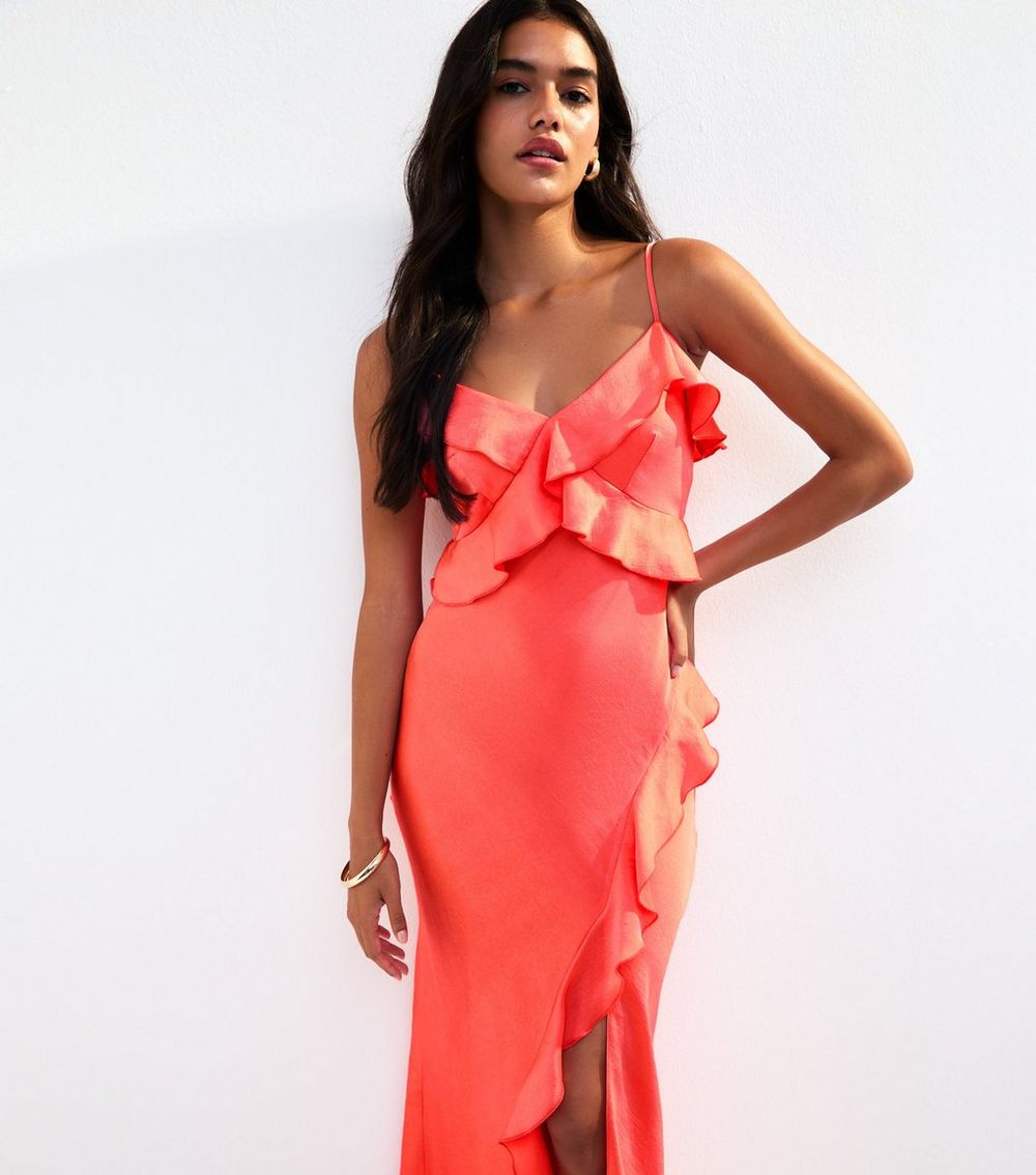 Coral Frill Satin Midi Slip Dress