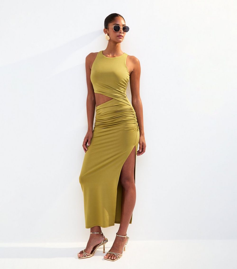 Olive Jersey Ruched Cut Out Midi Dress