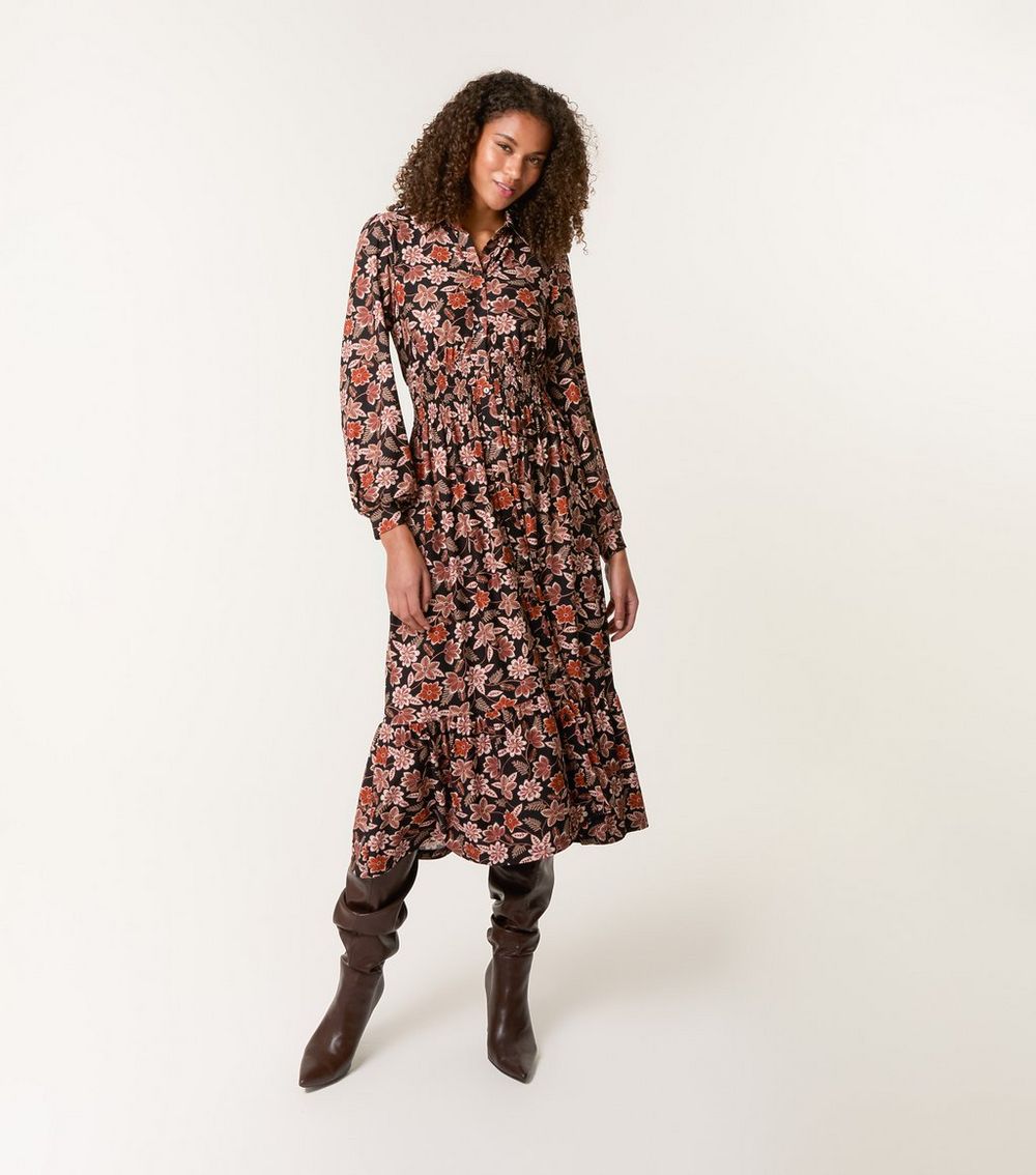 Blue Vanilla Black Floral Print Shirred Midi Shirt Dress