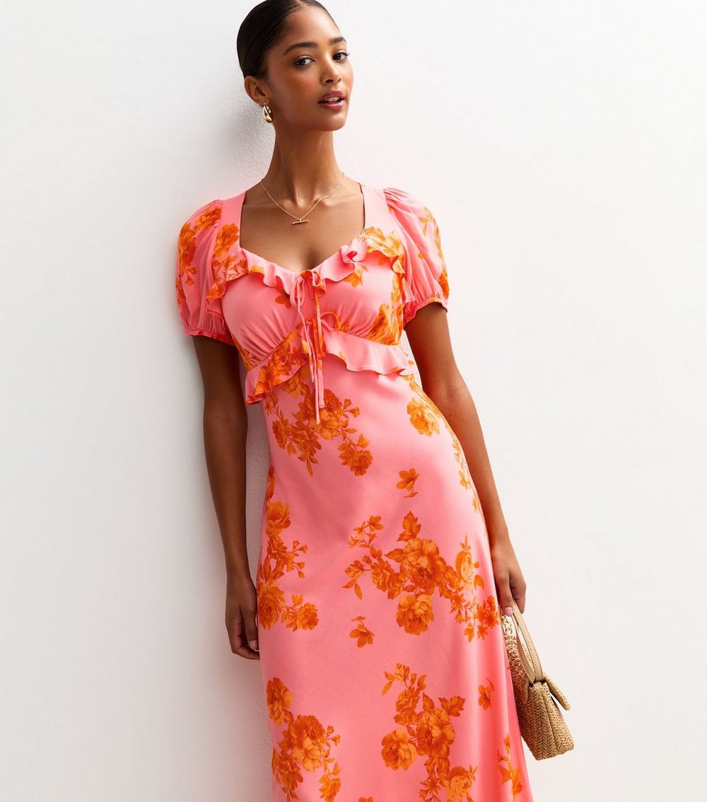 Pink Floral Print Ruffle Trim Milkmaid Midi Dress