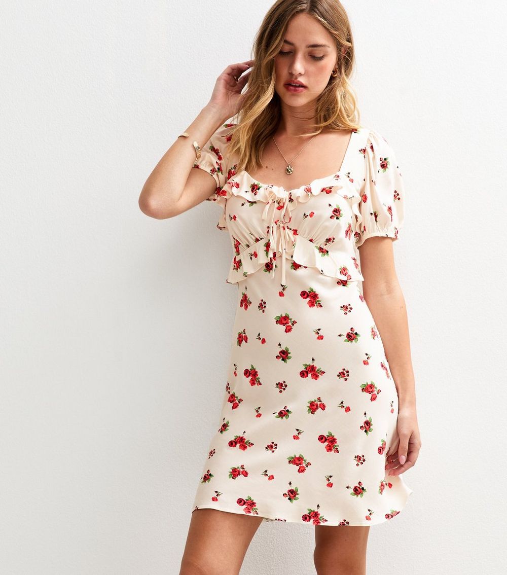 Cream Rose Print Milkmaid Mini Dress