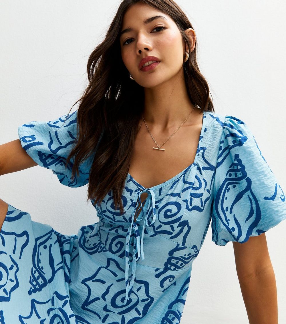 Blue Pattern Print Tie Neck Mini Dress