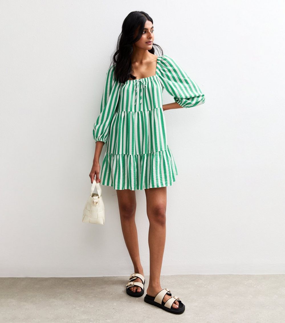 Green Striped Tiered Smock Mini Dress