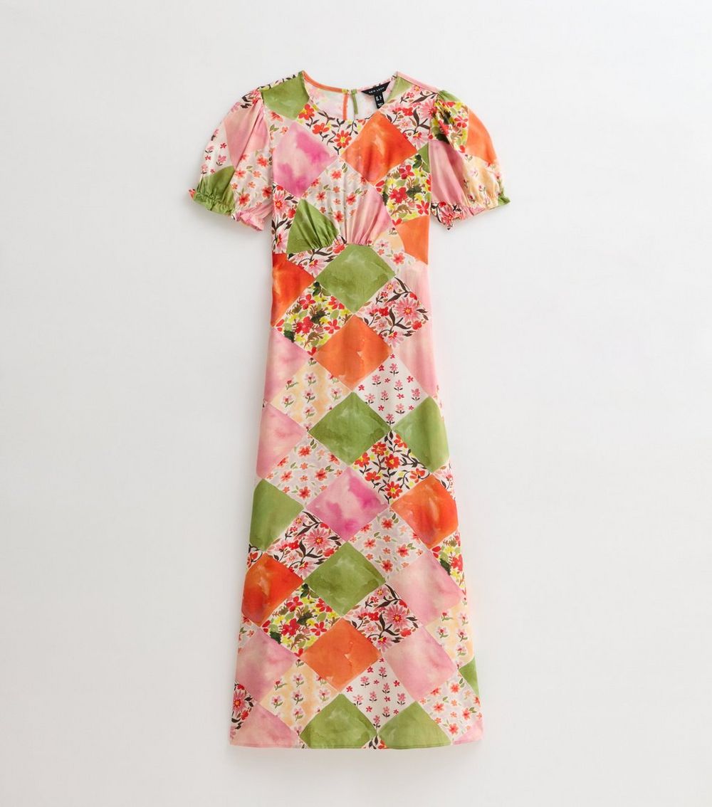 Orange Patchwork Print Puff Sleeve Midi Dress