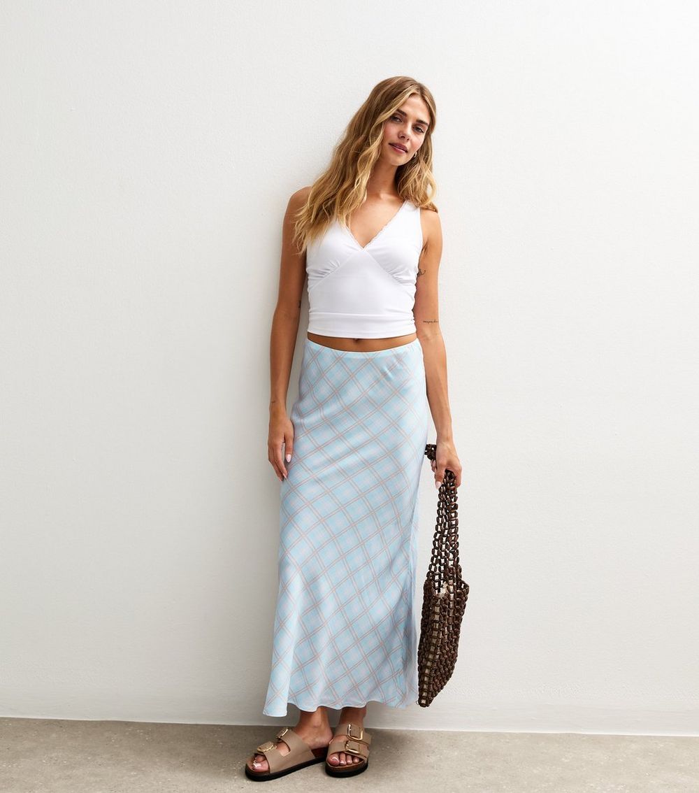 Blue Check Print Bias Cut Midi Skirt