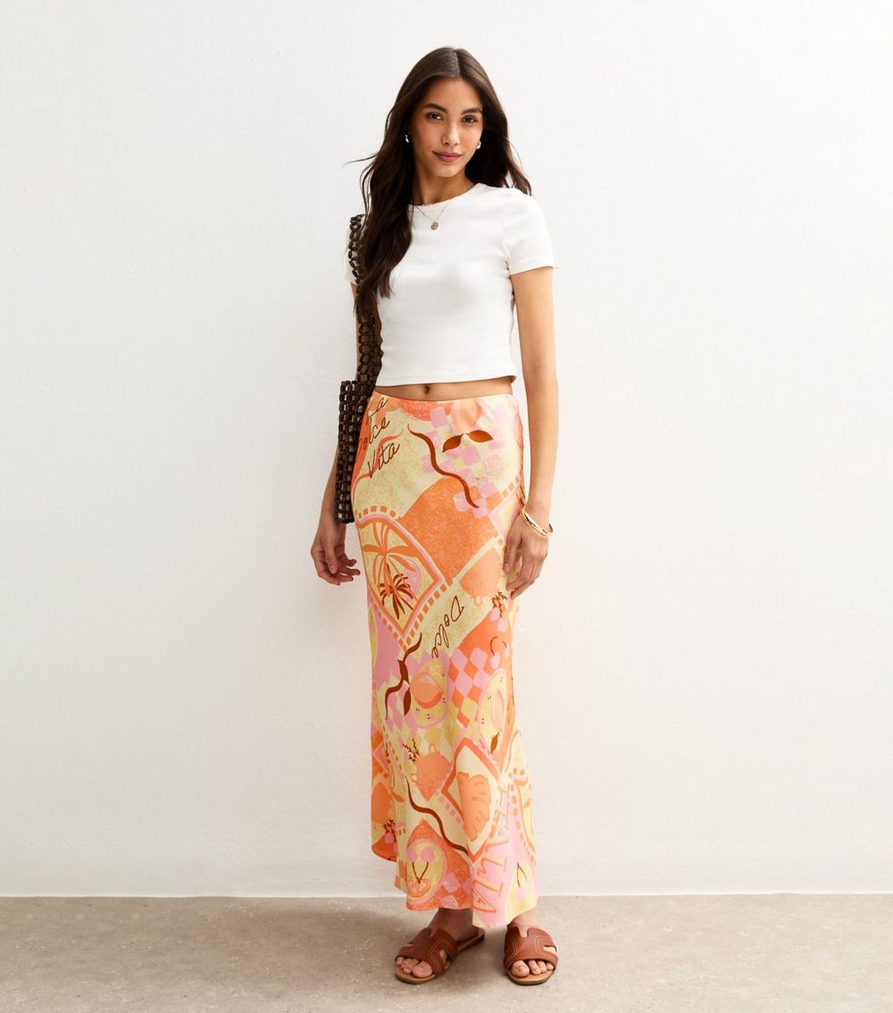 Orange La Dolce Vita Bias Cut Print Midi Skirt