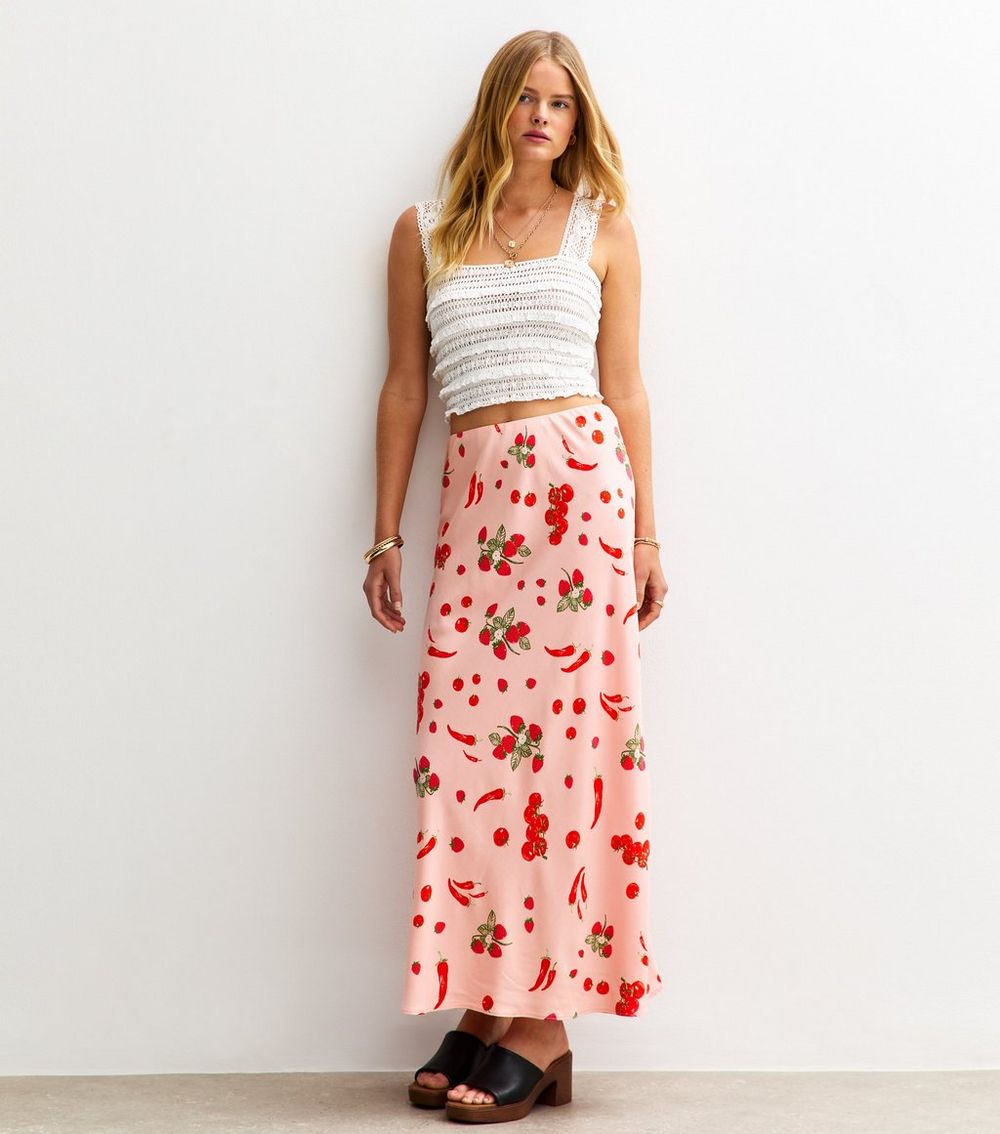Pink Wild Strawberry Print Midi Skirt