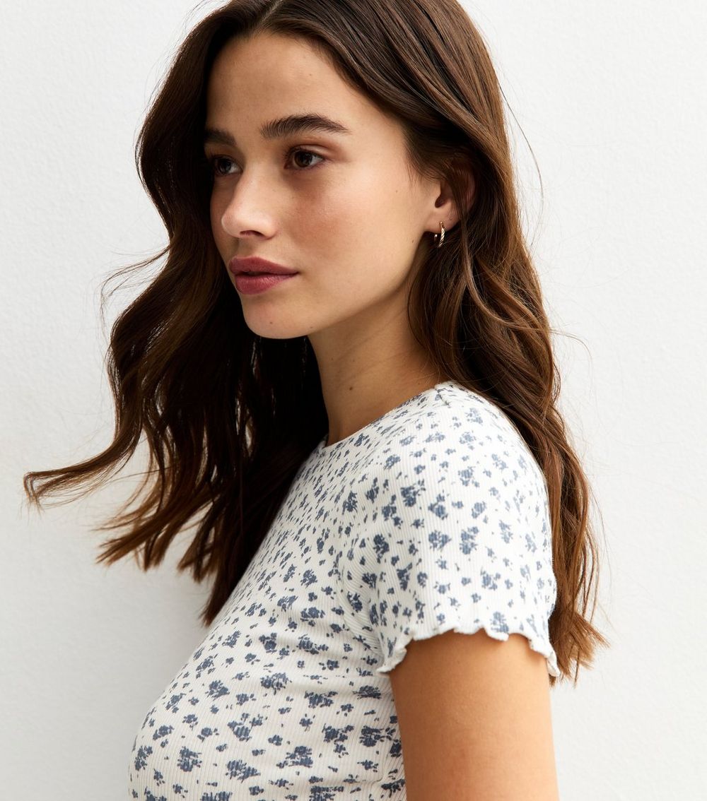 White Ribbed Floral Print Baby Tee
