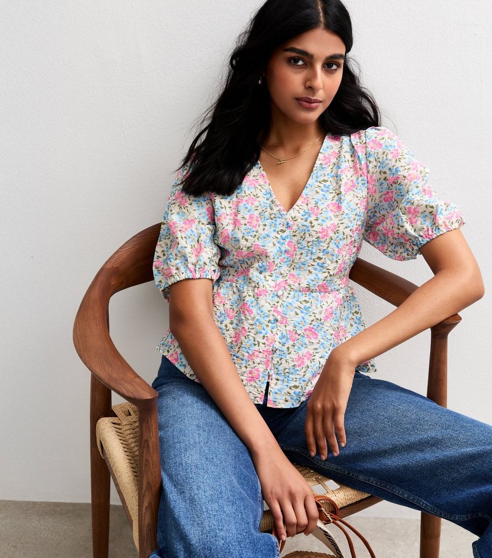 Pink Floral Print Creased Texture Tea Blouse