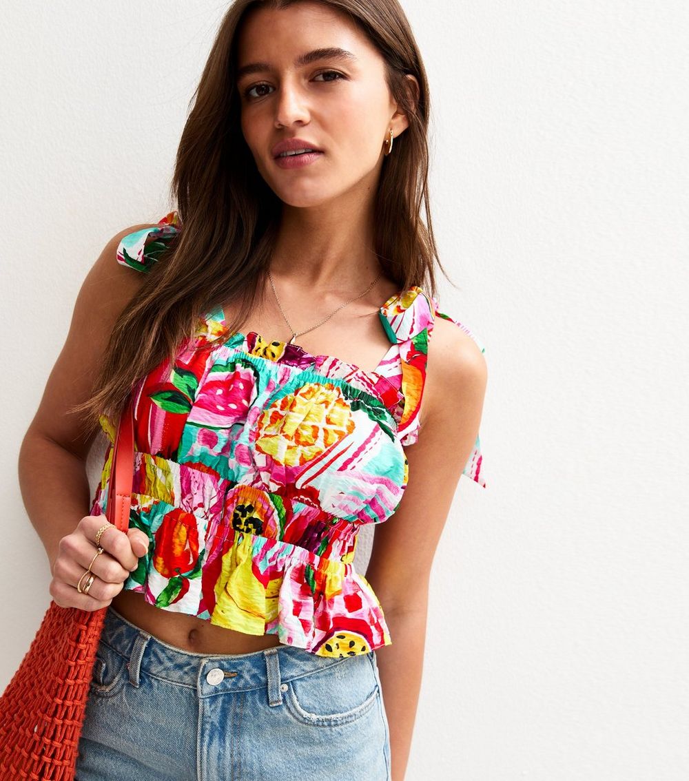 Pink Tropical Fruit Print Tie Strap Crop Shirred Top