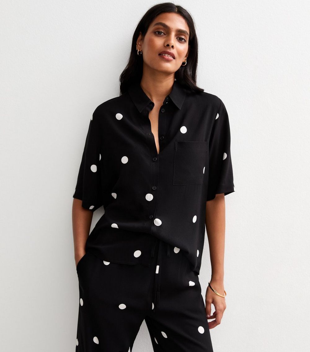 Black Spot Print Oversized Resort Shirt