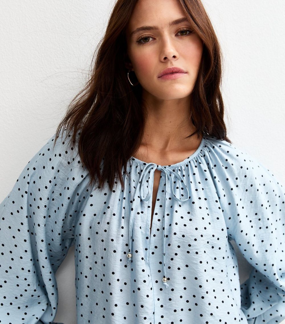 Blue Spot Print Textured Tie Neck Blouse
