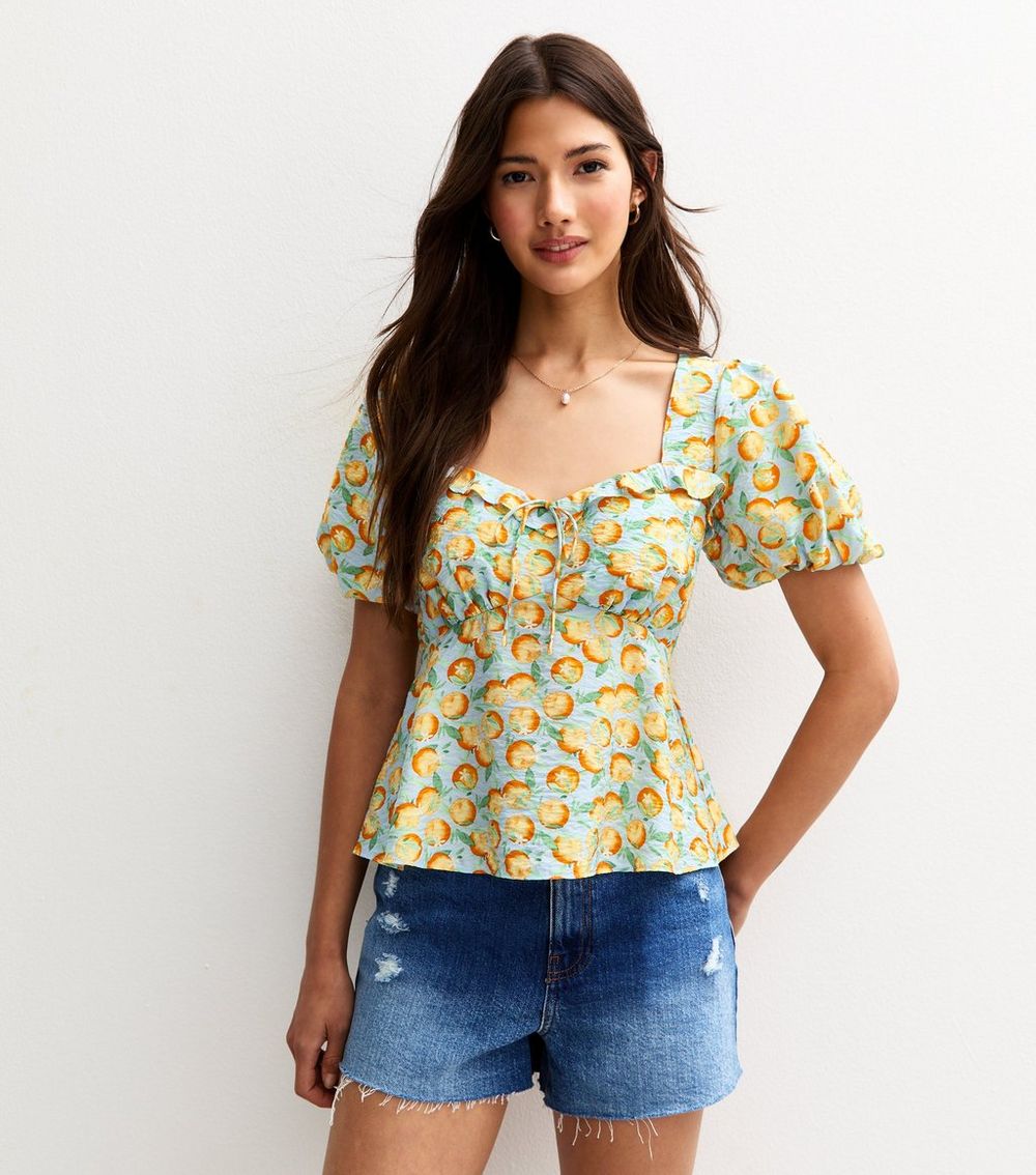 Blue Crinkle Texture Orange Print Tea Blouse