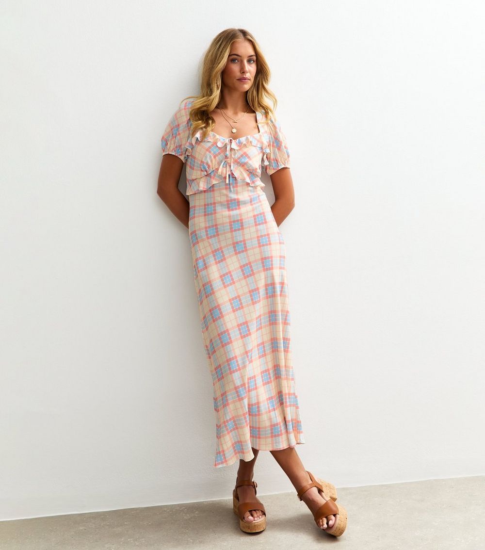 Tall Cream Checked Ruffle Trimmed Milkmaid Midi Dress