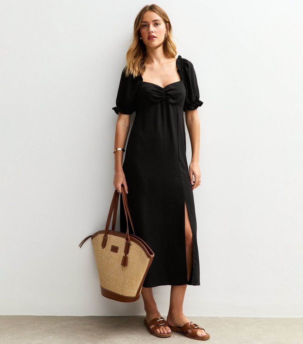 Black Milkmaid Puff Sleeve Midi Dress