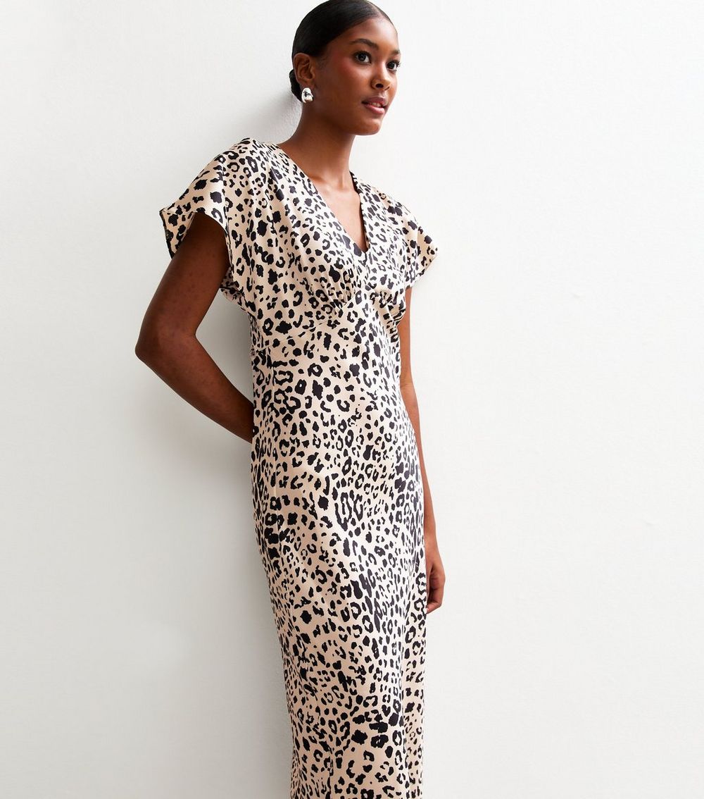 Off White Leopard Print Satin Bias Cut Midi Dress