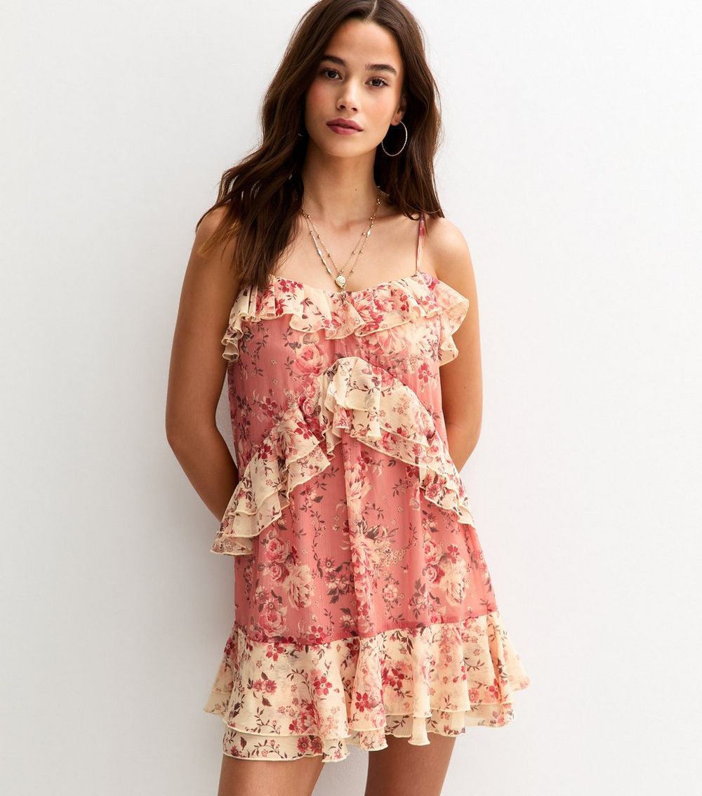 Pink Floral Print Ruffle Trim Chiffon Mini Dress