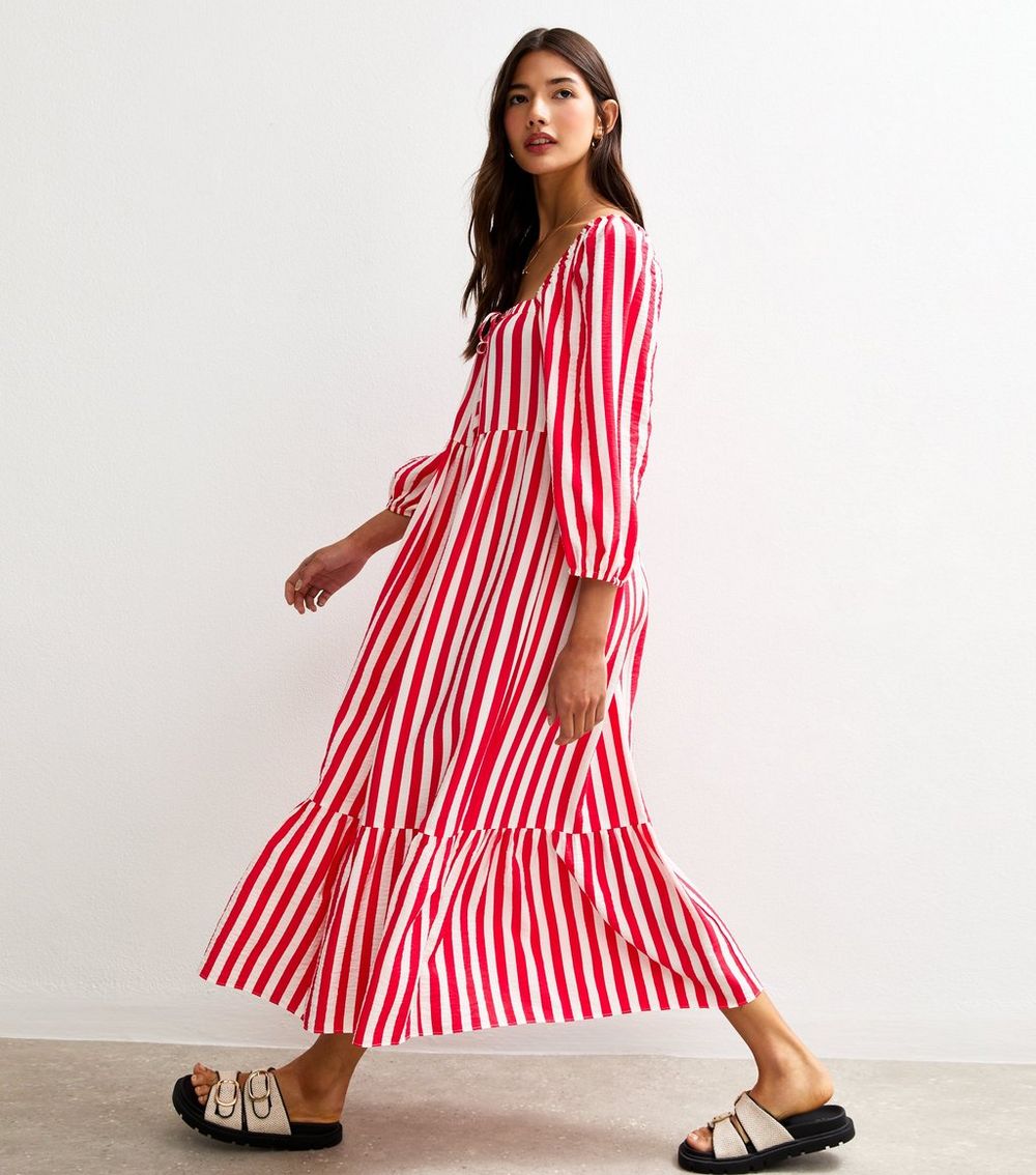 Red Stripe Print Tiered Hem Midi Dress