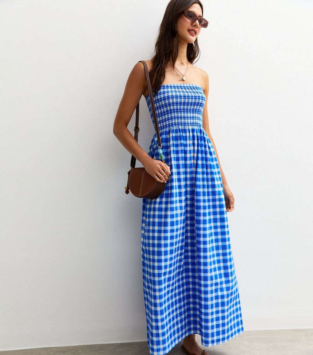 Blue Checked Bandeau Midi Dress