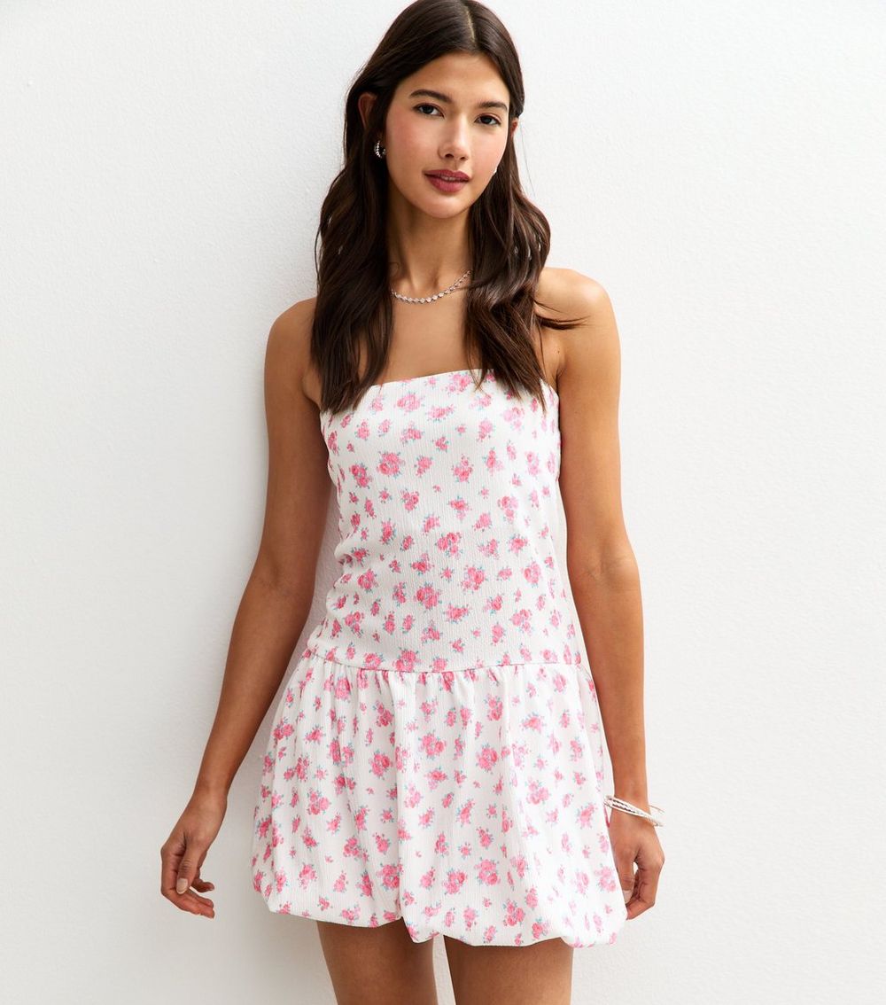 White Floral Print Crinkled Texture Bandeau Mini Dress
