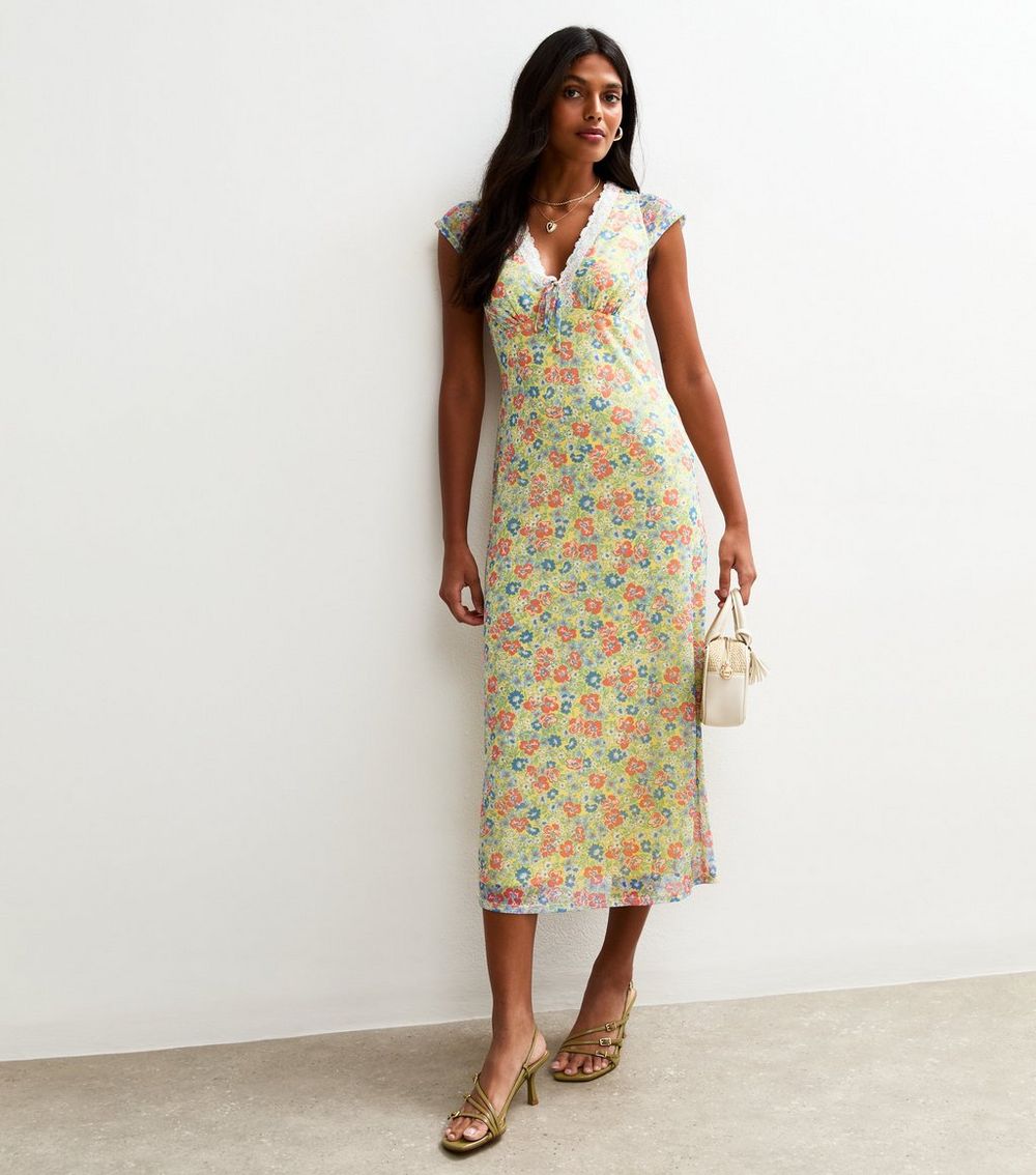 Yellow Floral Print Mesh Midi Dress