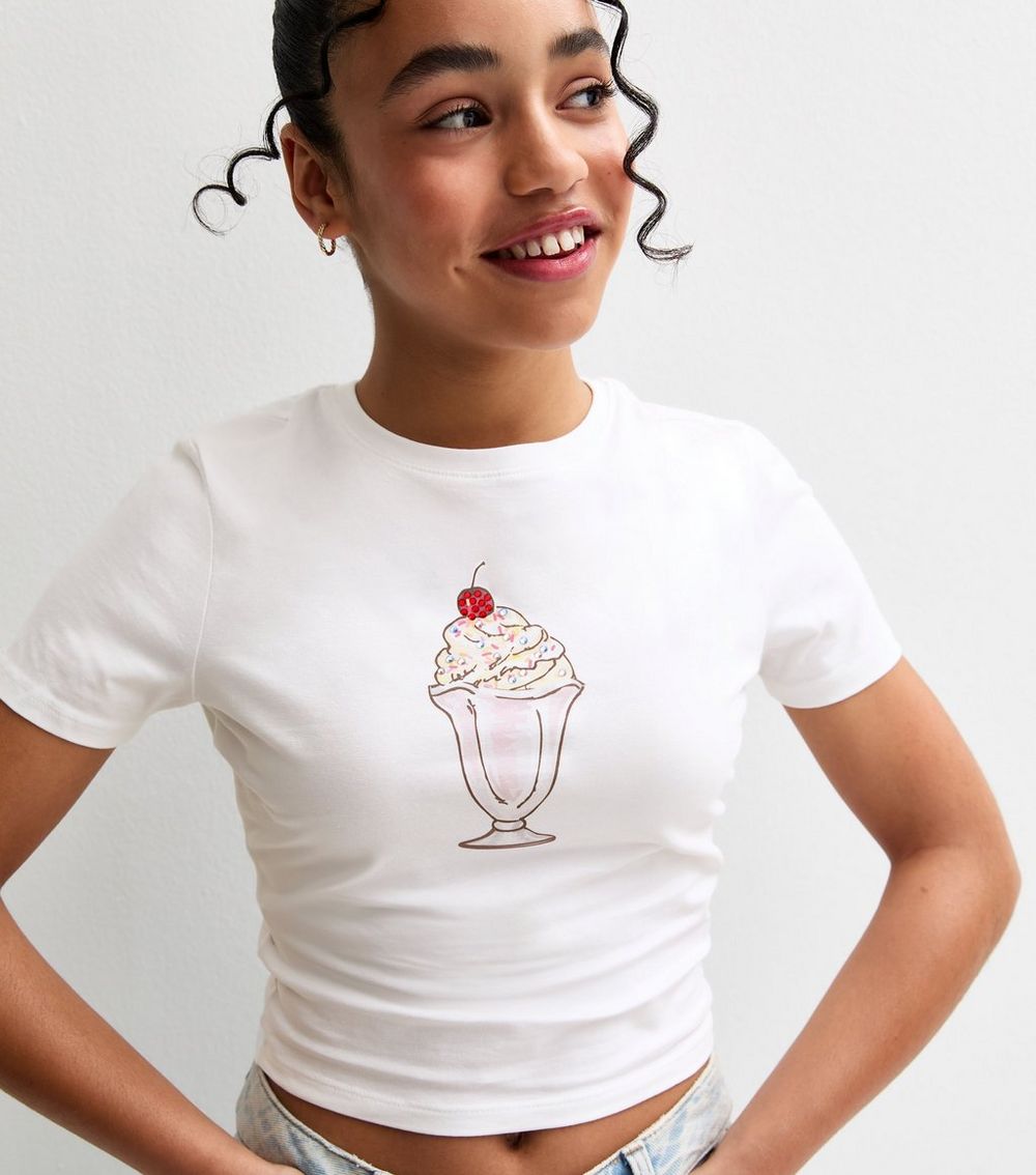 Girls White Ice Cream Print T