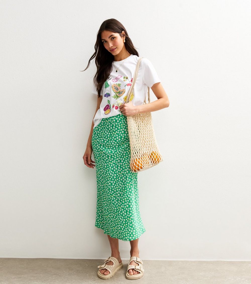 Green Floral Print Bias Cut Midi Skirt