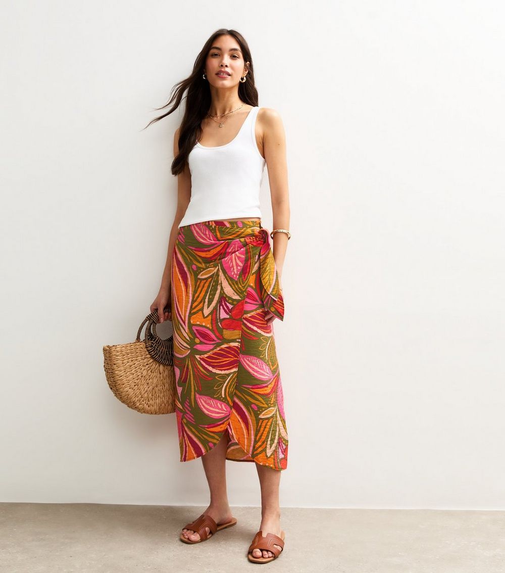 Pink Leaf Print Midi Sarong Skirt