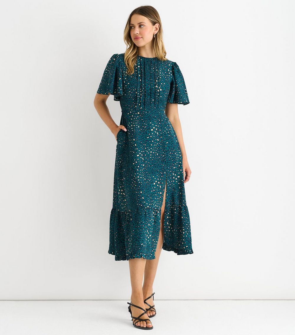 Gini London Green Animal Print Flutter Sleeve Midi Dress