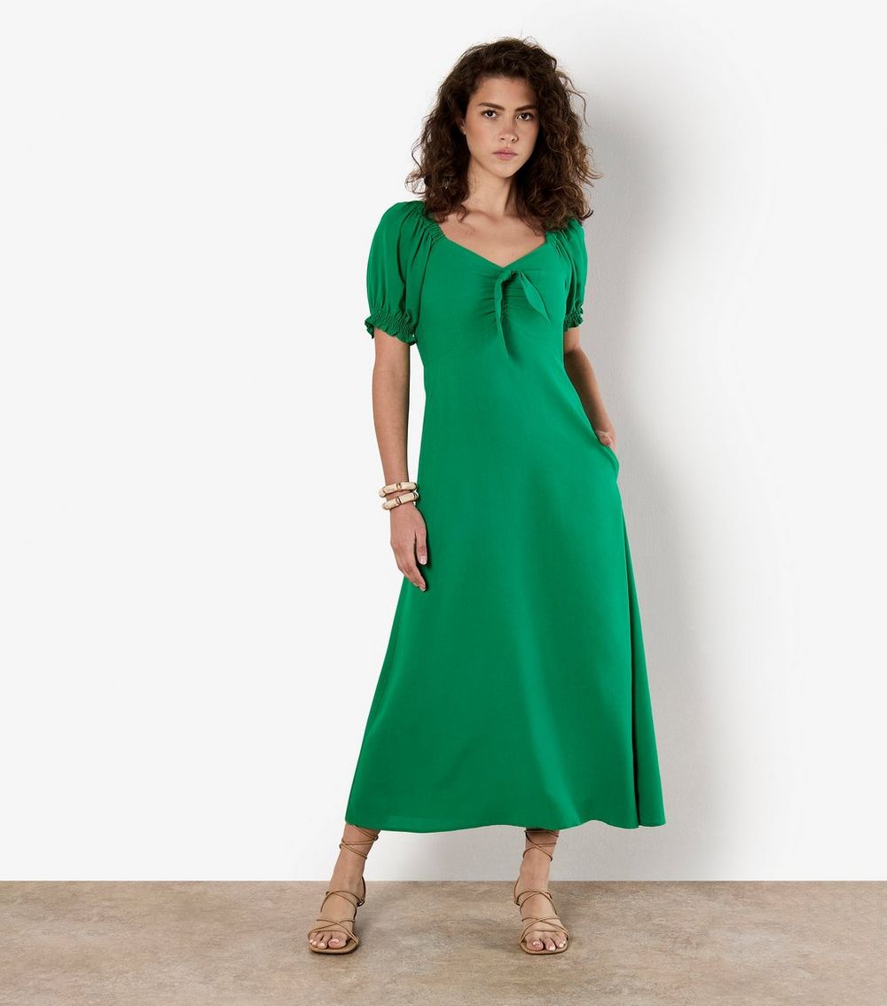 Apricot Green Puff Sleeve Midi Dress
