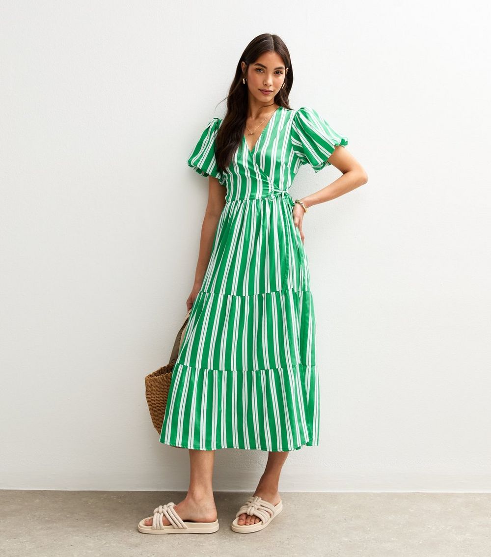 Green Crepe Stripe Print Midi Wrap Dress