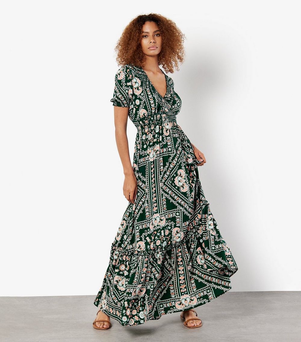 Apricot Green Abstract Print Maxi Dress