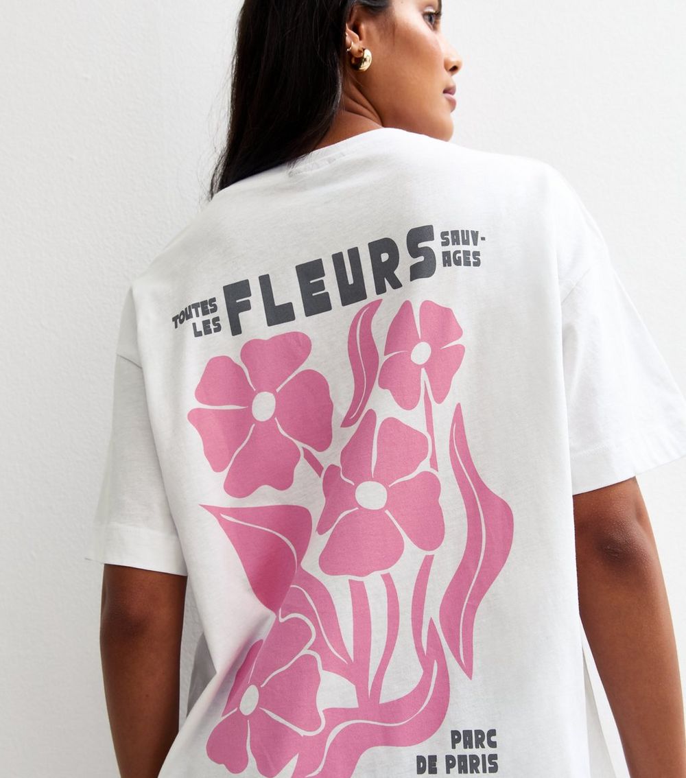 White Fleurs Print Oversized T
