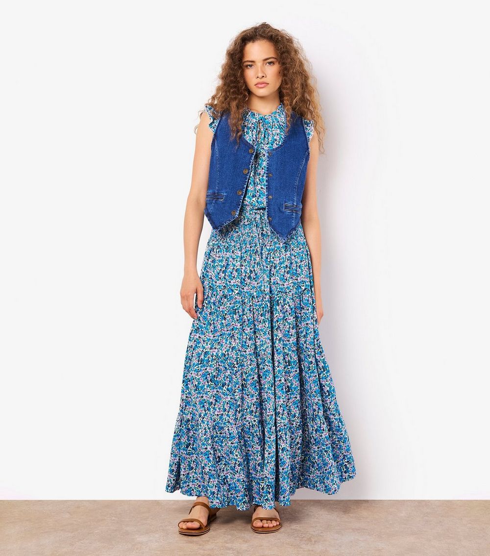 Apricot Blue Floral Print Tiered Maxi Skirt