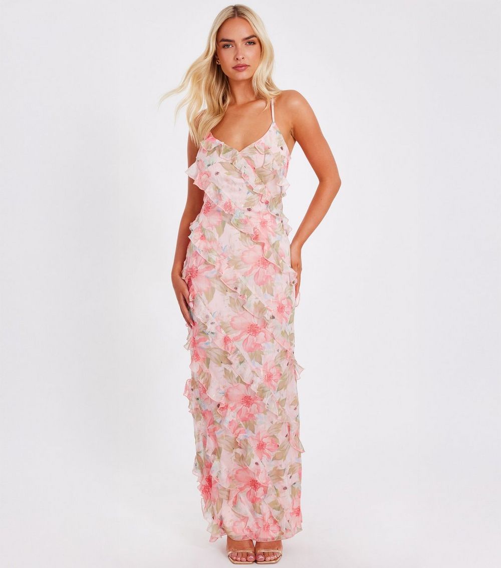 QUIZ Pink Chiffon Floral Print Maxi Dress