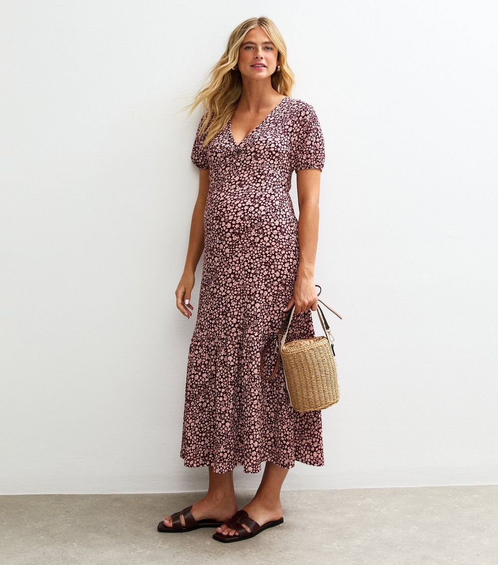 Maternity Pink Ditsy Print Crinkle Midi Dress