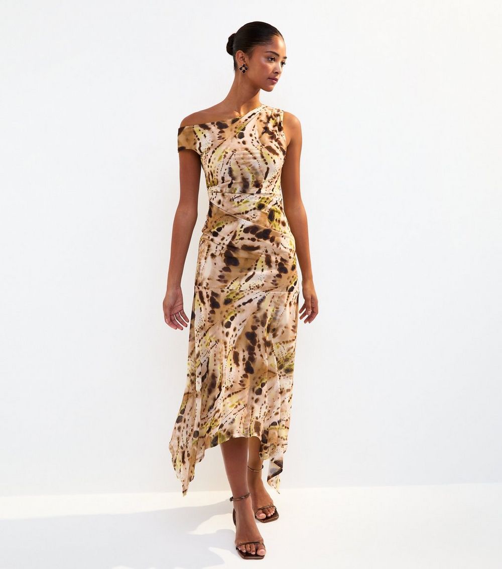 Brown Abstract Print Fallen Shoulder Midi Dress