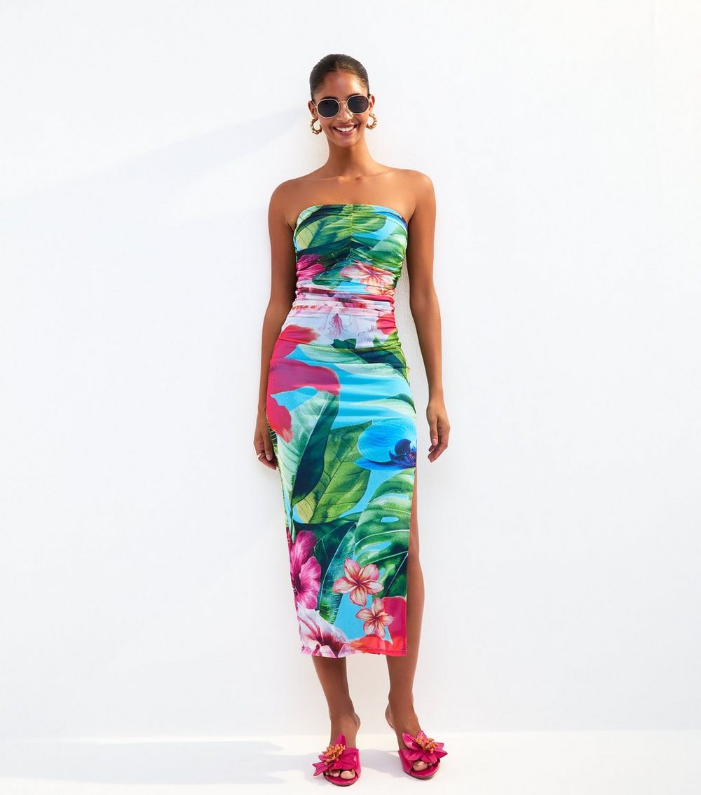 Blue Tropical Print Mesh Bandeau Dress
