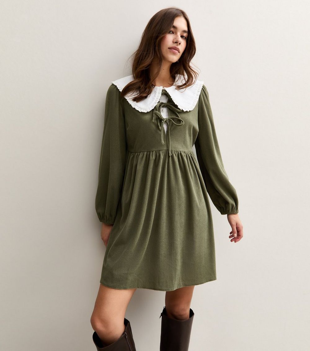 Light Khaki Tie Front Corduroy Smock Mini Dress