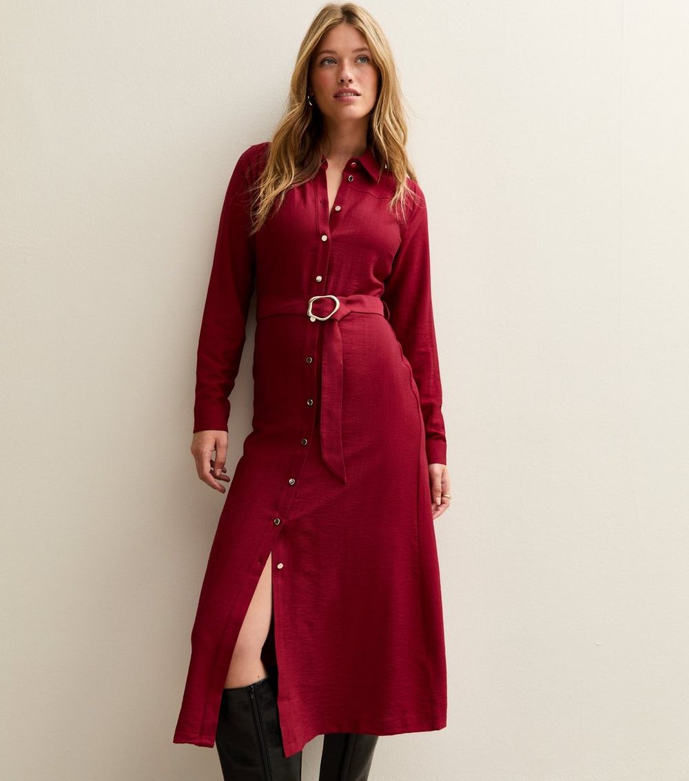 Red Button Up Belted Midi Shirt Dress