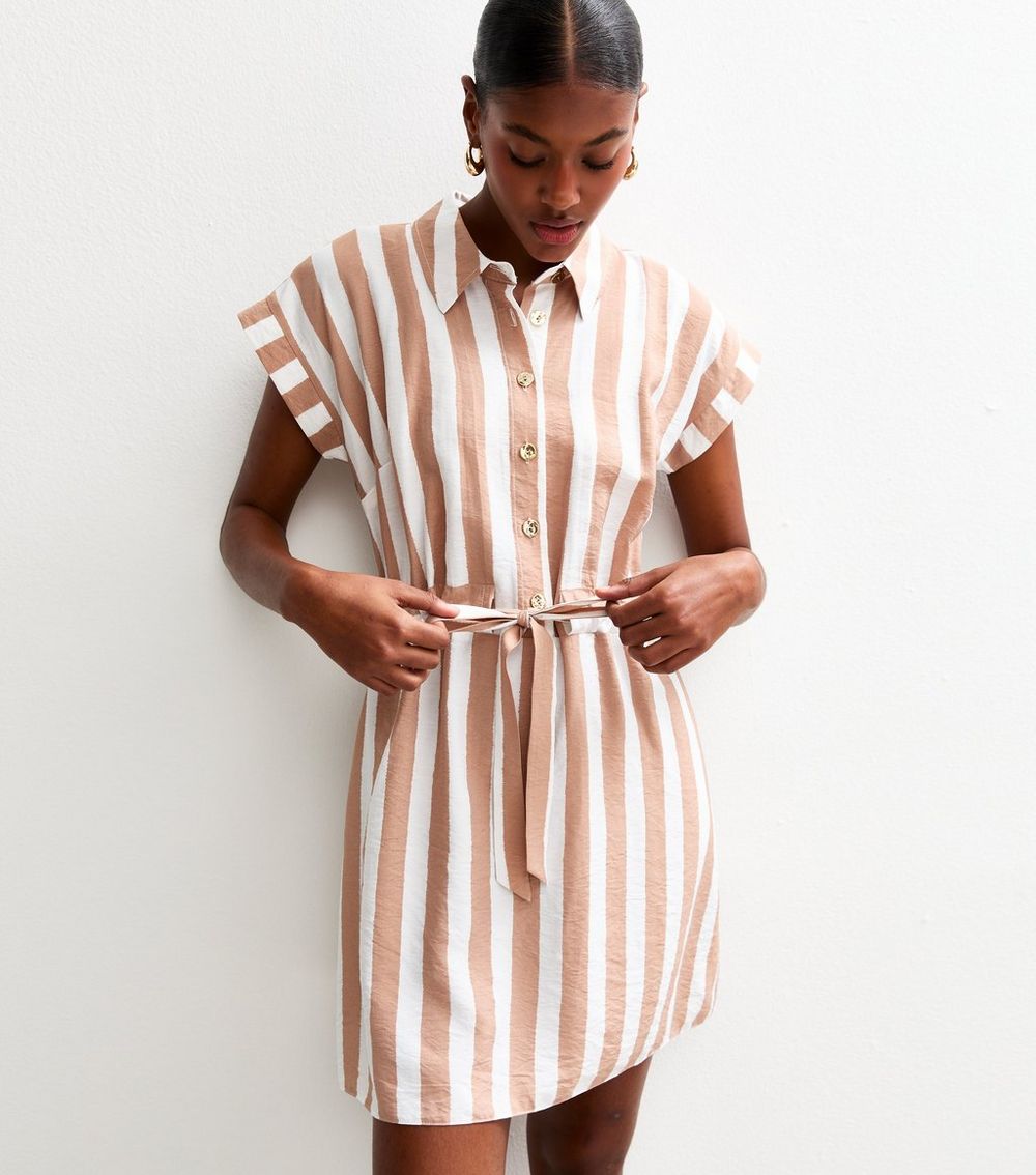 Brown Striped Tie Waist Mini Shirt Dress