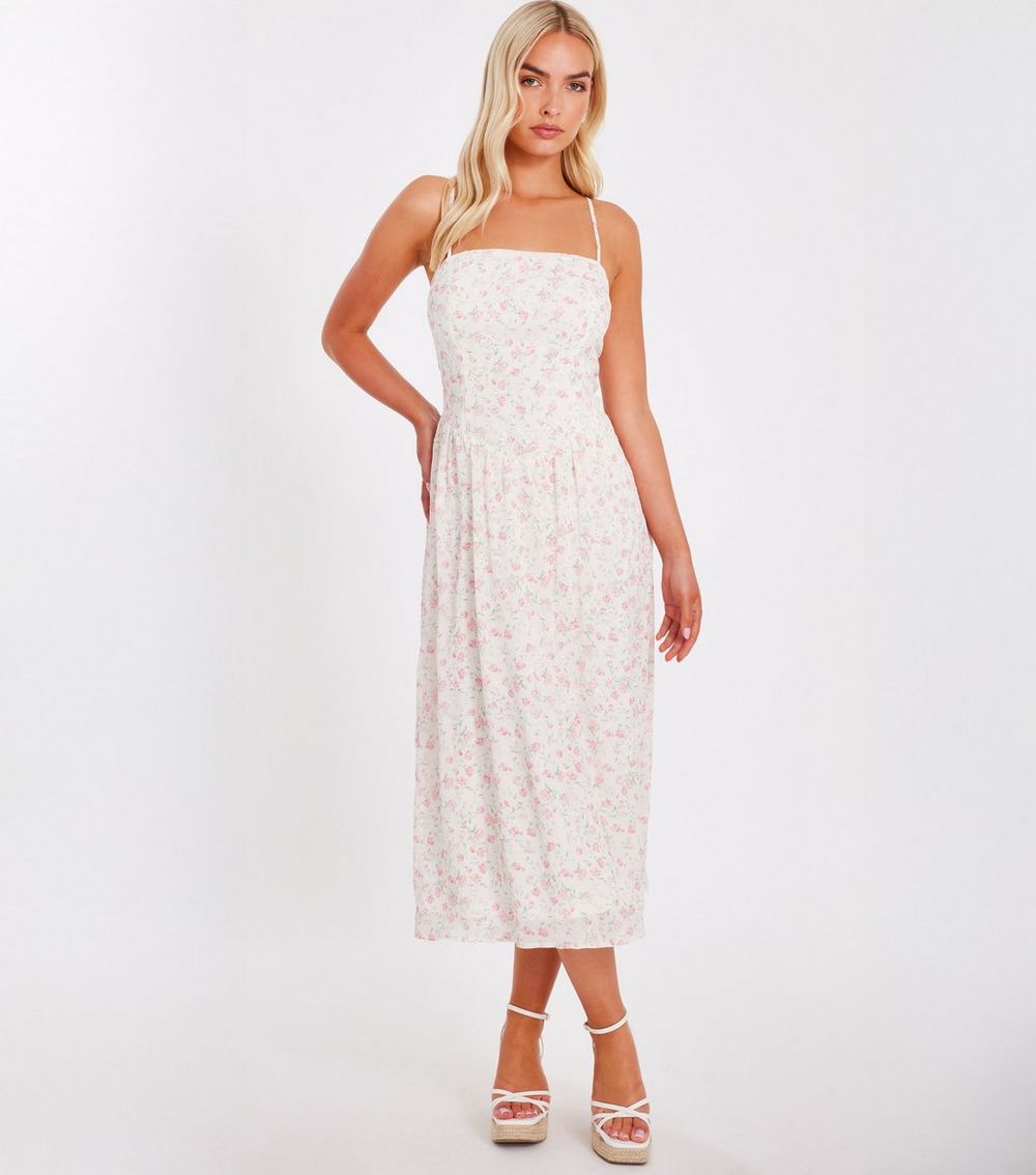 QUIZ White Floral Print Chiffon Midi Dress