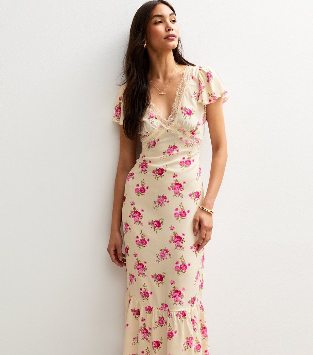 Off White Satin Floral Print Lace Trim Midi Dress