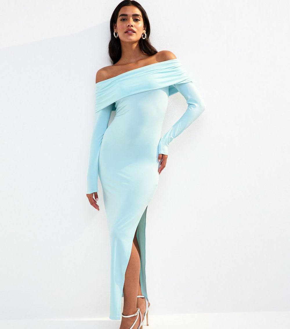 Light Blue Long Sleeve Bardot Maxi Dress