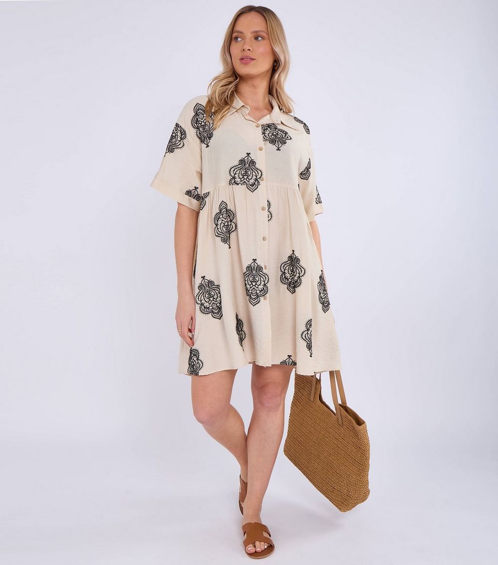 Gini London Cream Embroidered Smock Mini Shirt Dress