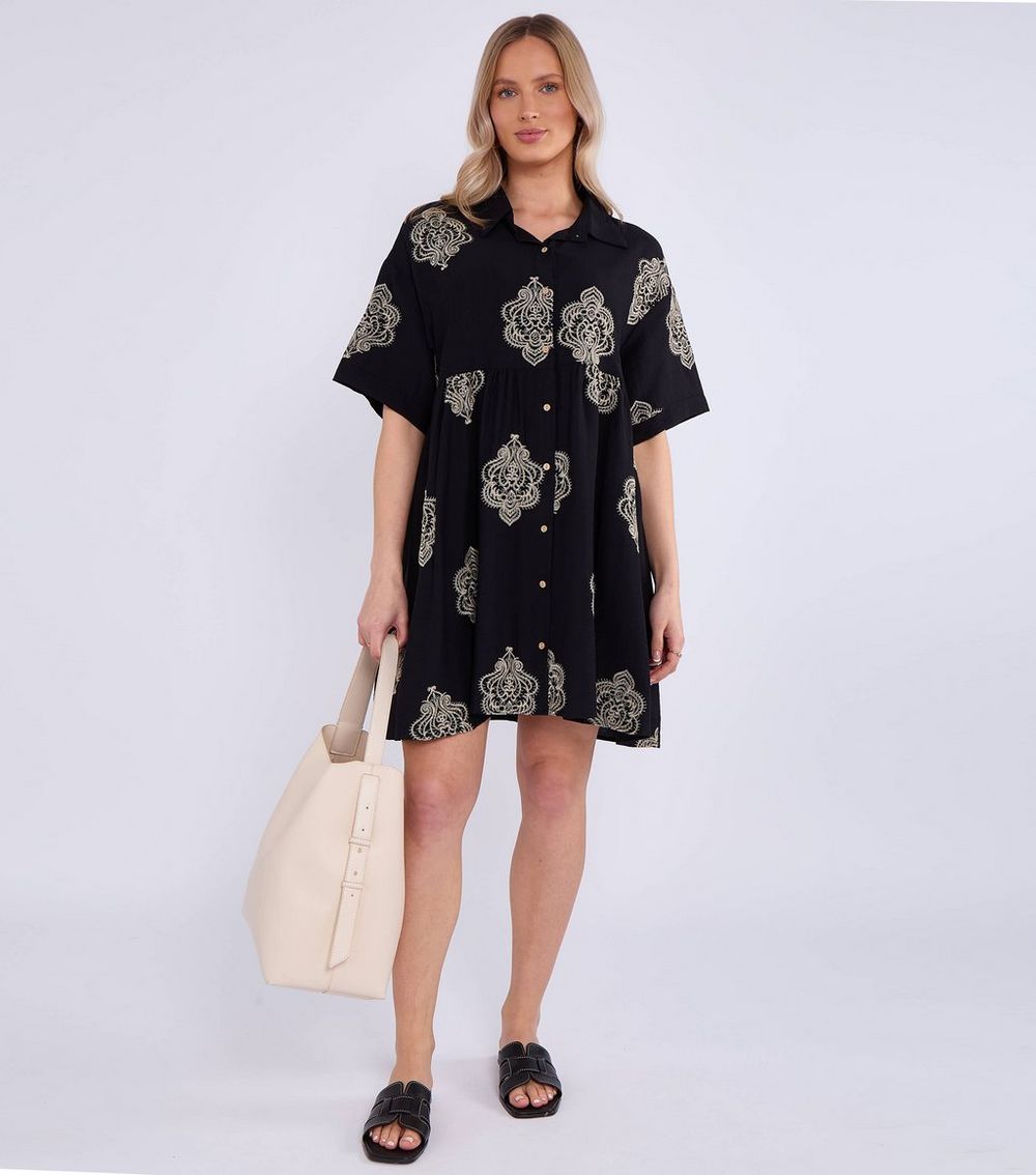 Gini London Black Embroidered Smock Mini Shirt Dress
