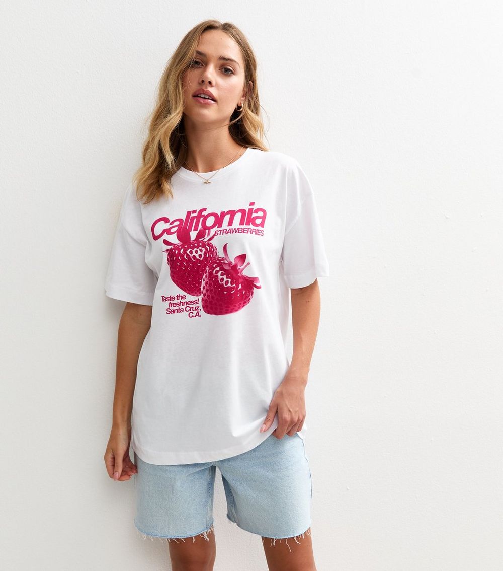 White Strawberry Graphic Print Oversized T