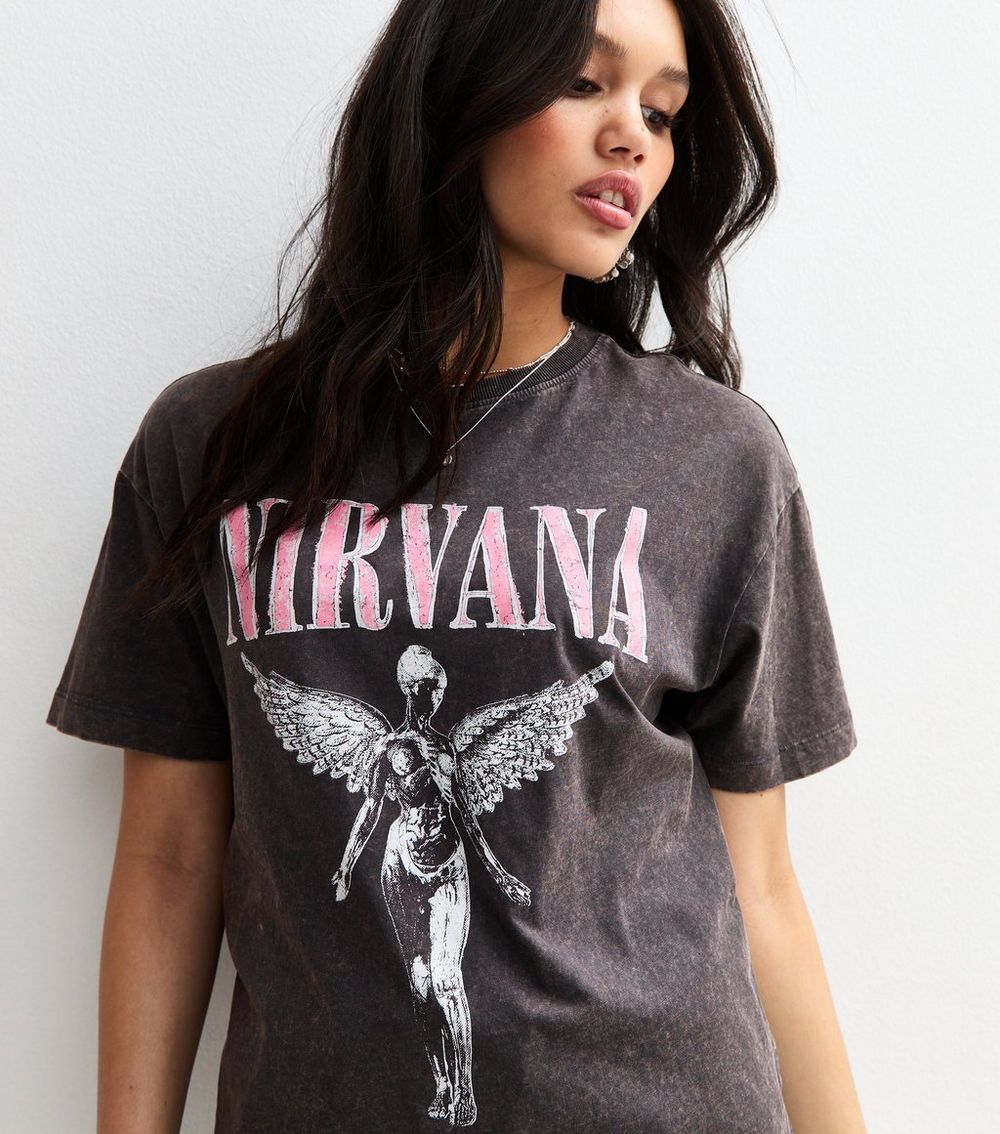 Dark Grey Oversized Acid Wash Nirvana Angel Print T